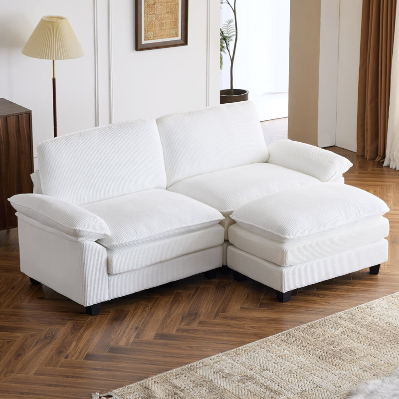 Cream Corduroy Double Cushion Loveseats With One Ottoman, White Corduroy