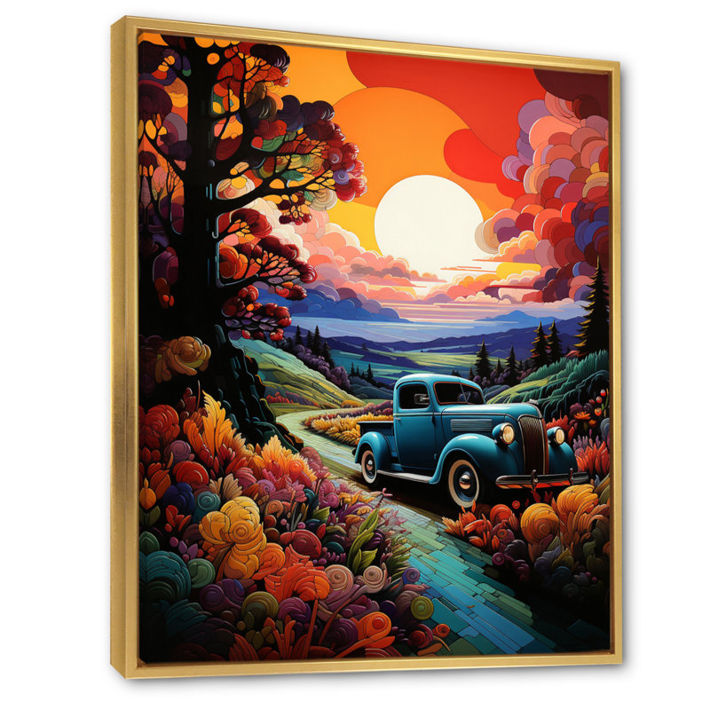 «Xai Colorful Pickup Truck Road Legends I», reproduction sur toile, H 32 po x l 16 po x P 1 po, Cadre flottant doré