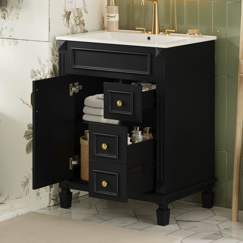 Meuble-lavabo 24 po avec lavabo en céramique, petite armoire de salle de bain moderne, 2 tiroirs et tablette réglable, Black