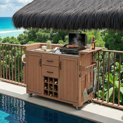 60.2''W Outdoor Kitchen Island With Wheels, Stainless Steel Top, Spice & Wine Rack, 2 Drawers