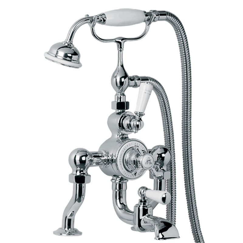 Classic White Double Handle Deck Mounted Thermostatic Bath/Shower Mixer with Tub Faucet and Handshower, Silver Nickel