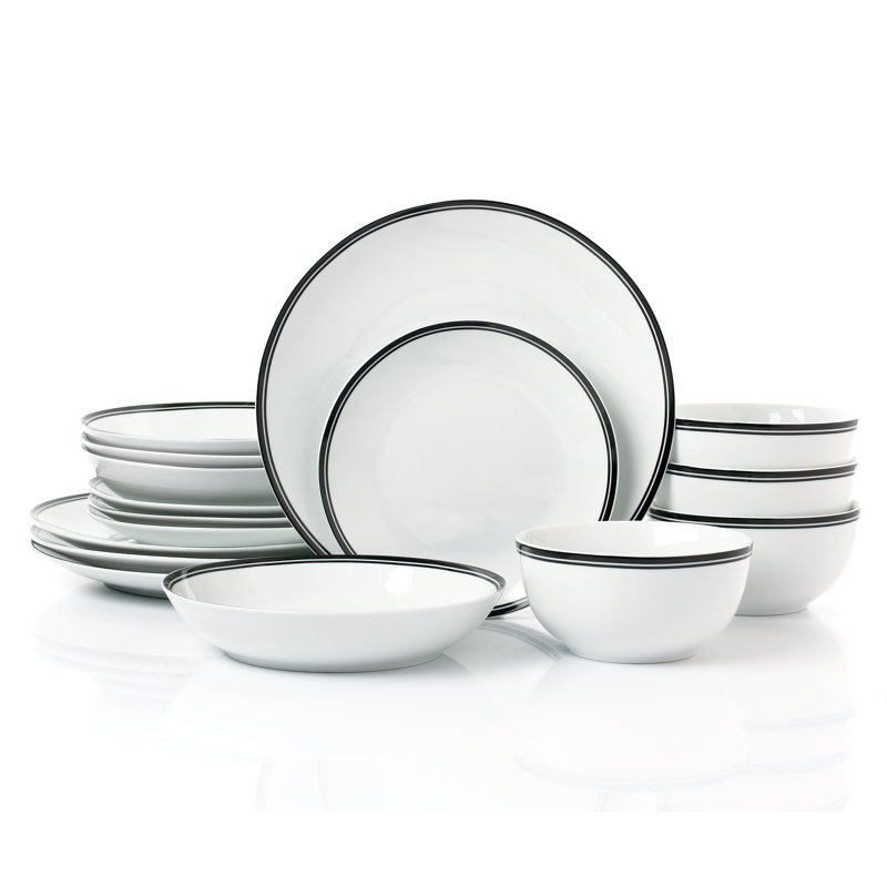 Boroff 16 Piece Porcelain China Dinnerware Set - Service for 4, White/Black