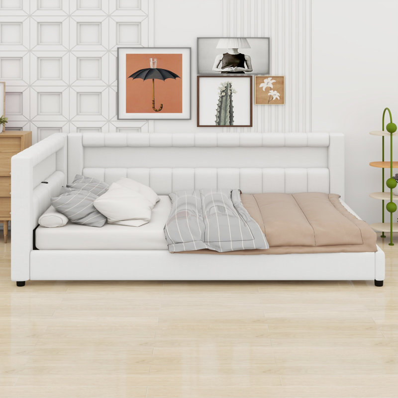 Comfort Upholstered Platform Bed with LED Lights and USB Charging Station, Full XL, Cream White