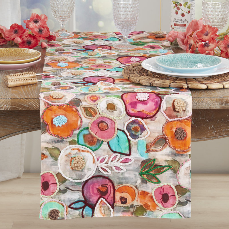 Chemin de table coloré floral brodé - Chemin de table décoratif non réversible pour table de salle à manger, 16 po x 72 po