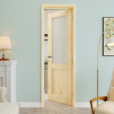Porte intérieure prémontée en pin, demi-vitrée, 61 x 203 cm (24 po x 80 po), avec poignée courbe et charnières argentées, vitrage opaque, pouvant être peinte et imperméable, idéale pour buanderie, placard ou chambre à coucher, ouverture à gauc