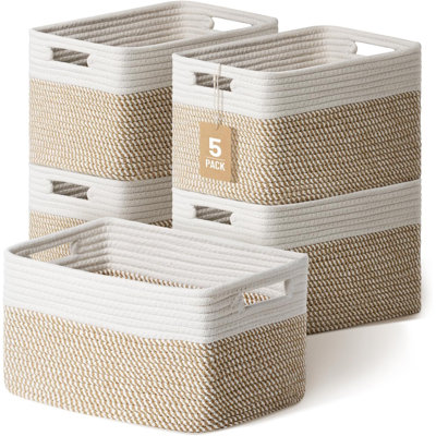 Paquet de 5 paniers de rangement tissés, bacs de rangement décoratifs pour l'organisation | 13,8 po x 9,8 po x 7,9 po, organisateur de panier en corde de coton pour placard, tablettes, salle de bain, chambre de bébé, jouets, livres, garde-manger, kaki / blanc