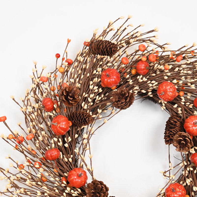 Couronne de 24 po avec rameaux artificiels rustiques et baies, pomme de pin, récolte d'automne, porte d'entrée, couronne, décoration de l'Action de grâce d'Halloween