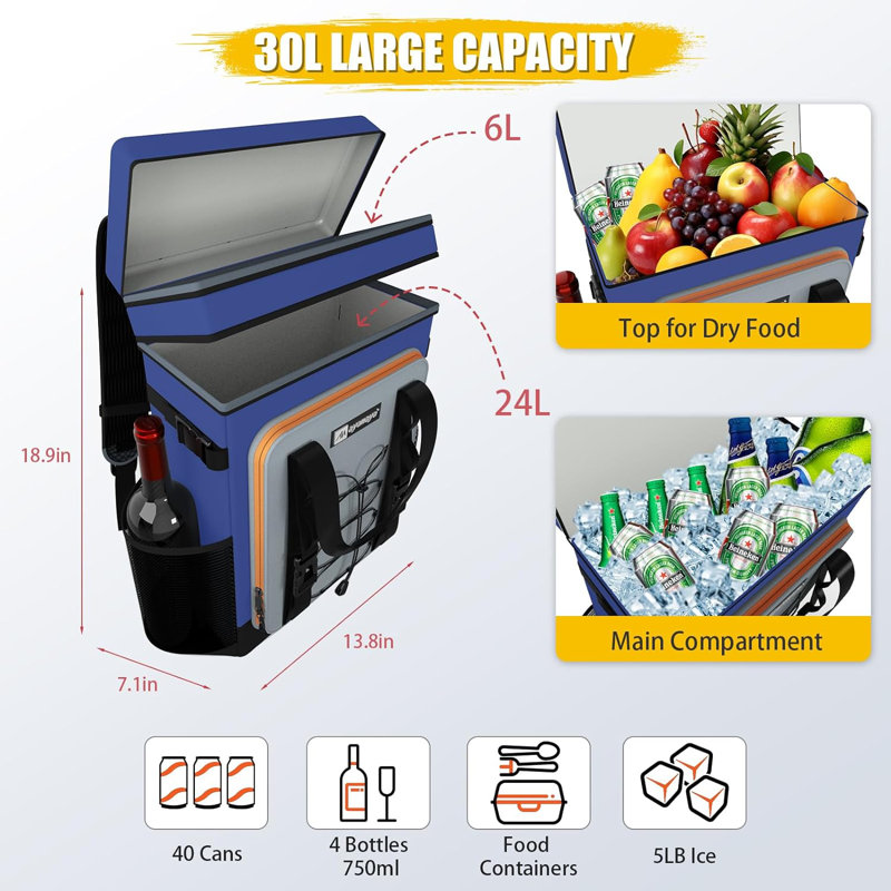 40 glacières pour sac à dos, grand sac à dos pour glacière, glacières de camping isolantes et imperméables, Marine