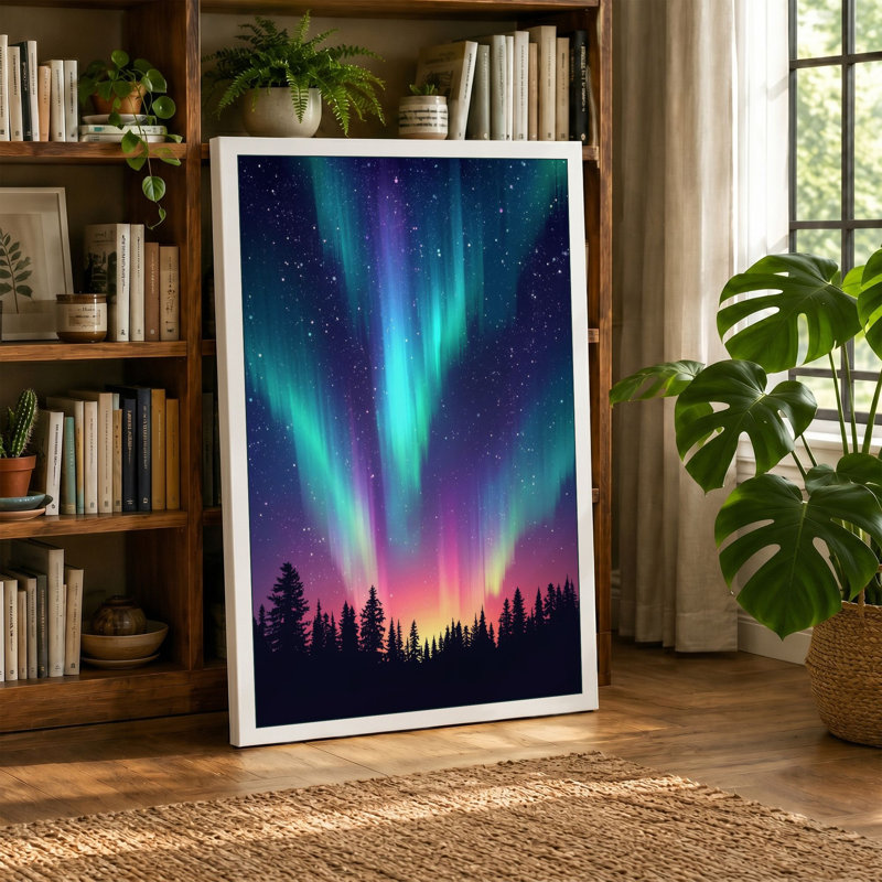 Aurora Over Silent Forest Scandinavian - Wrapped Canvas, 36x24 - 91.4 x 61.0 cm, Ochre Border