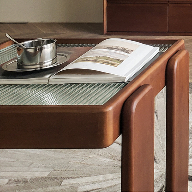 Table basse en bois massif avec verre, Brun / transparent, Brun
