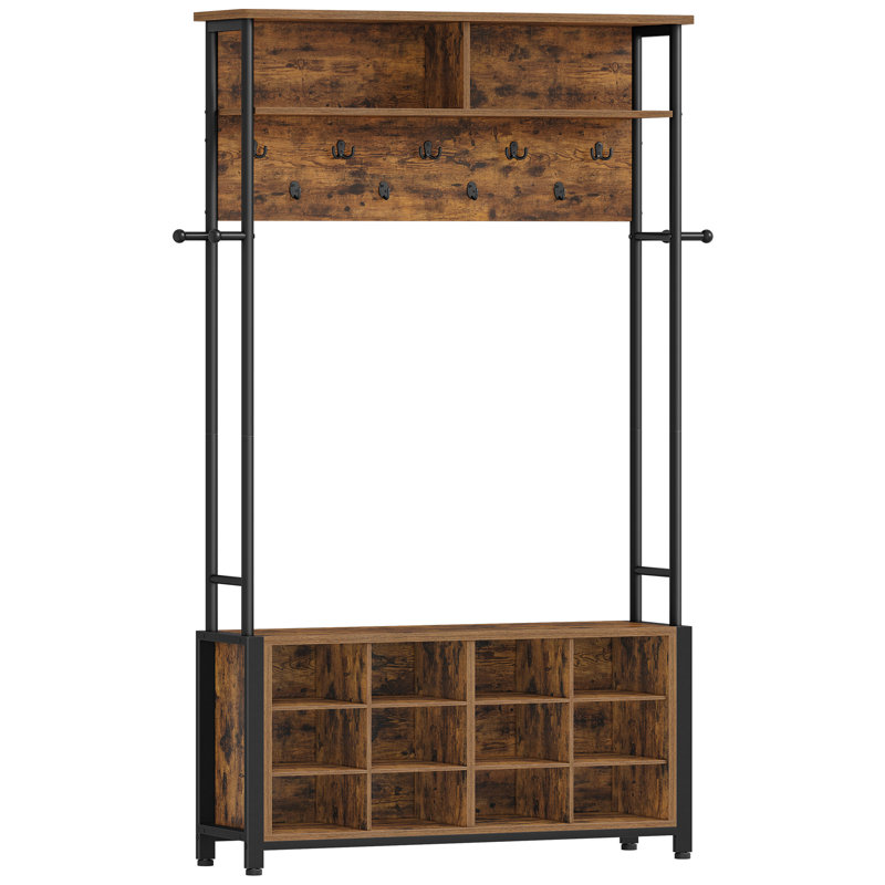 Coat Rack with Shoe Storage, Hall Tree with Bench for Hallway, 14 Open Compartments, Coat Stand with Adjustable Shelves, 13 Hooks, Top Storage for Living Room, Entrence 