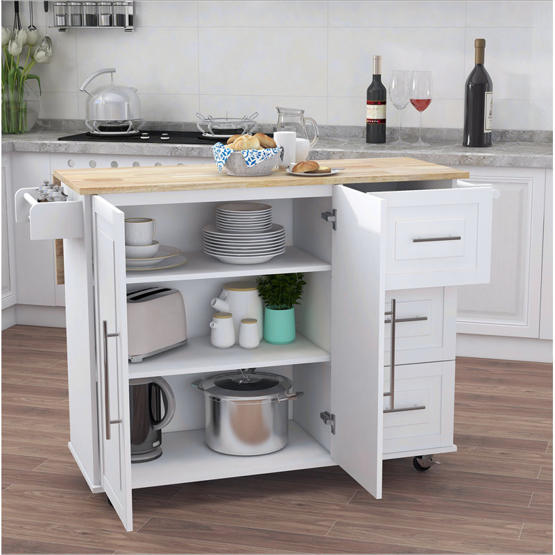 Kitchen Island With Spice Rack, Towel Rack And Extensible Solid Wood Table Top, White