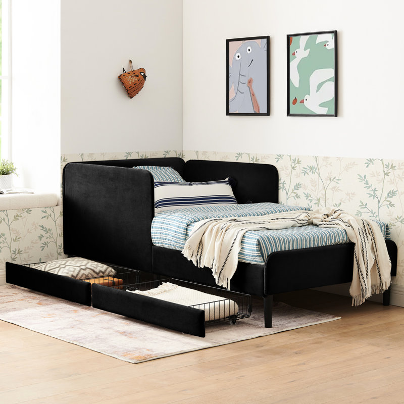 Lit simple noir avec 2 tiroirs de rangement, structure rembourrée convertible, taille de coussin en velours doux, lit, envers