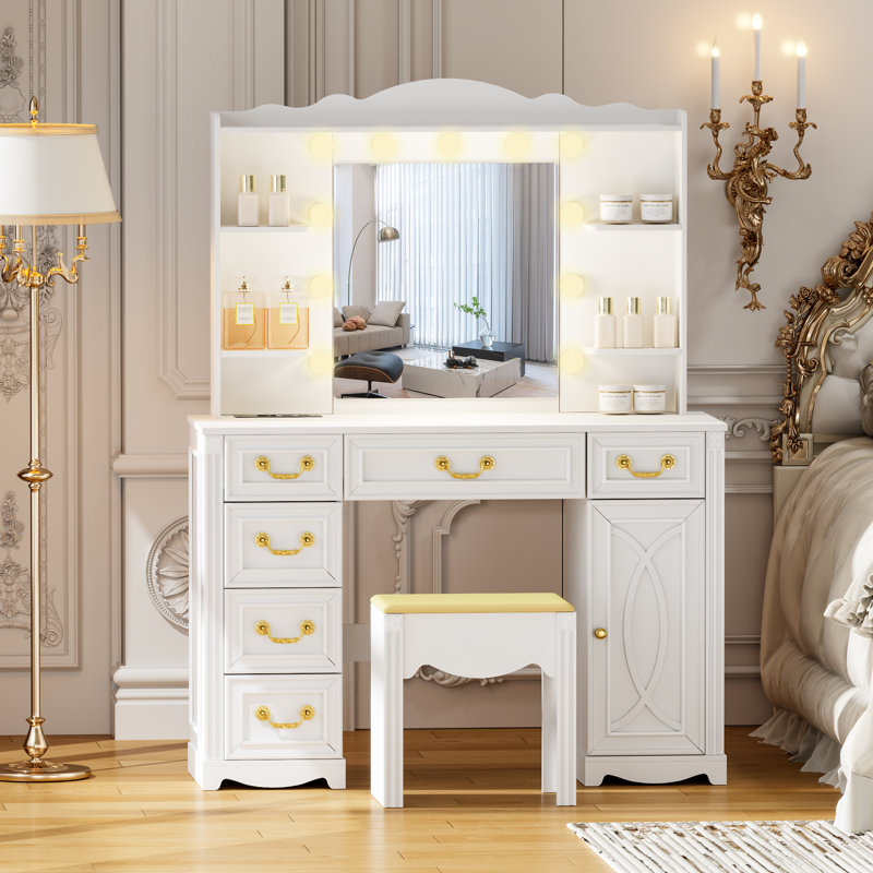 Manufactured Wood Makeup Vanity Set with LED Mirror and Outlets , White/Gold