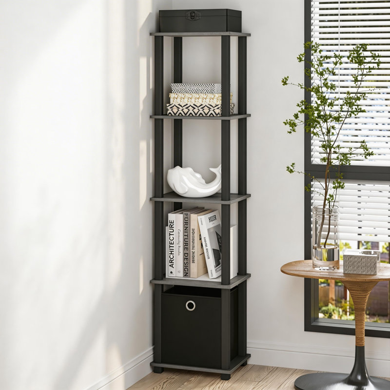 5-Tier Open Shelf Bookcase, Compact Storage Bookshelf with Bin, Gray; Black