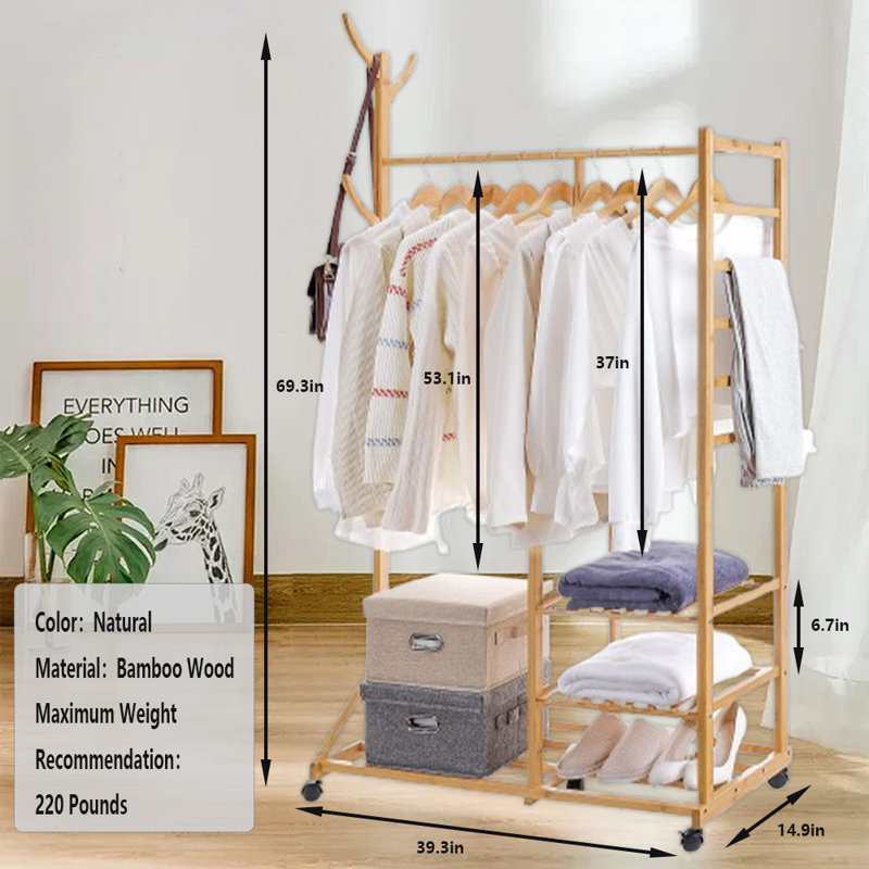 Portant à vêtements multifonctionnel avec tablette de rangement, Naturel