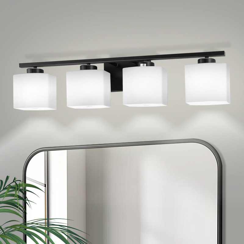 Modern 4-Light Black Vanity Fixture With Frosted Glass Shades