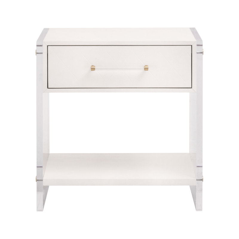 Pearl White Faux Shagreen Resin Nightstand with Clear Acrylic Sides
