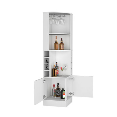 Kava Being Corner Bar Cabinet, Glass Rack, Double Door Cabinet, Eight Built-In Wine Rack, White