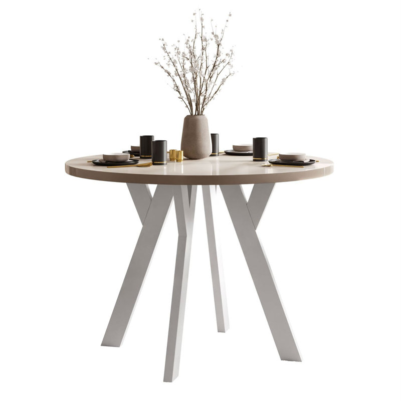 Extendable Round Metal Base Dining Table, White, Cashmere Gloss