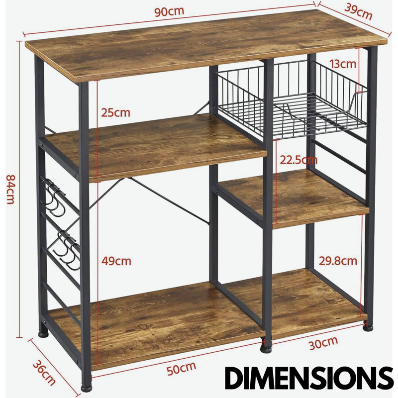Bowlby 90" Wood Standard Baker's Rack With Storage Shelves & Hooks Industrial Kitchen Furniture