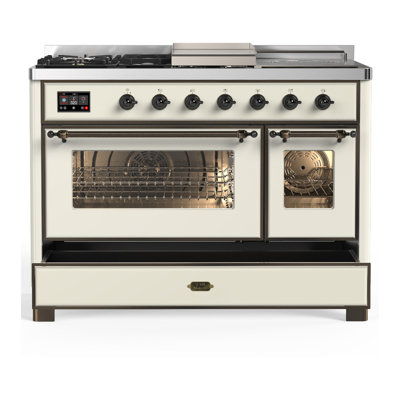 Majestic III Series 48 Inch Dual Fuel Range with 5 Sealed Burners, Griddle, Frenchtop in Glossy Black (Natural Gas, Burnished Trim)