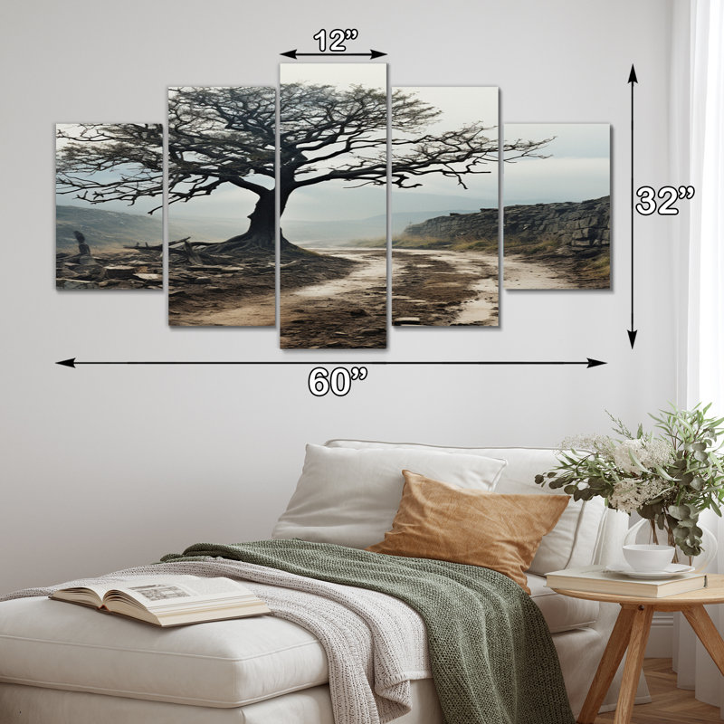 Arbre brun dans un champ - art mural paysage d'arbres de salon - 5 panneaux