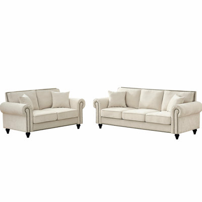 Modern 5 - Seat Beige Chenille Couch With Rolled Arms, Soft Velvet Fabric, Curved , Gold Rivets, Pine Wood Frame, High Density Foam, Medium Seats For Primary Living Space Upholstered
