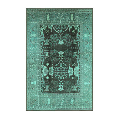 Tapis oriental en laine / polyester tissé à la machine en turquoise / noir