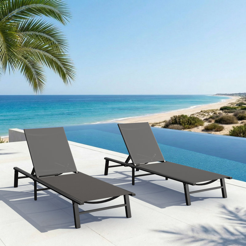 Outdoor Patio Aluminum Chaise Lounges With Adjustable Reclining Back (Set of 2), Grey