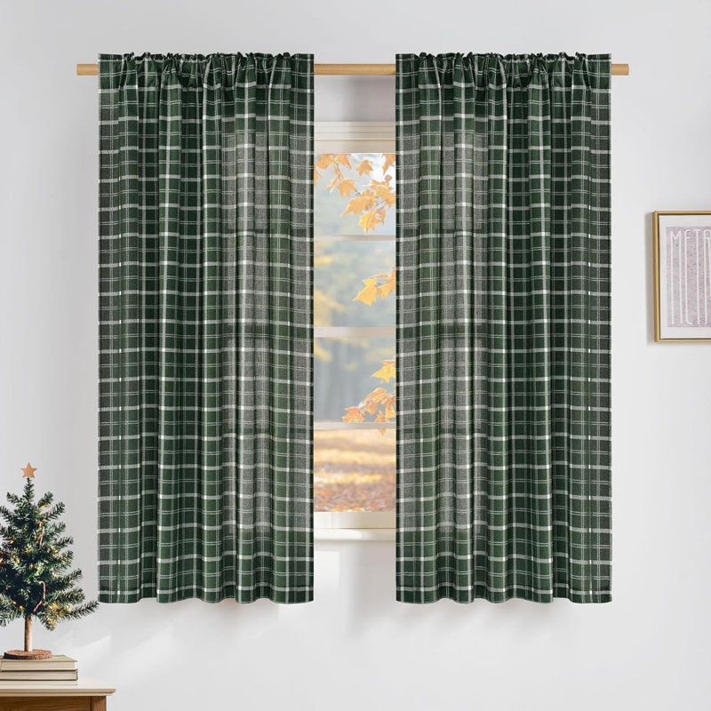 Linen Plaid Curtains Modern Window Panels Check Tartan Light Filtering Curtains for Living Room Bedroom, Rod Pocket Back Tab, 2 Panels