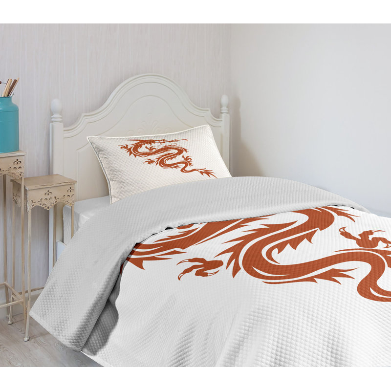 White Quilted Twin Bedspread Set with Fiery Dragon Design