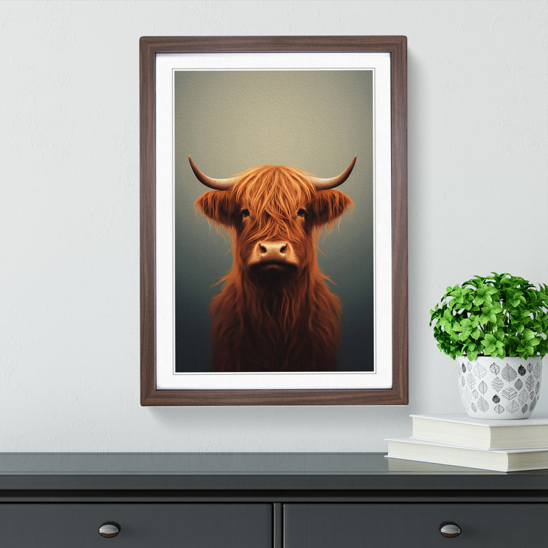 Highland Cow Minimalism - Single Picture Frame Print on Wood, 34cm H x 25cm W x 2cm D, Walnut