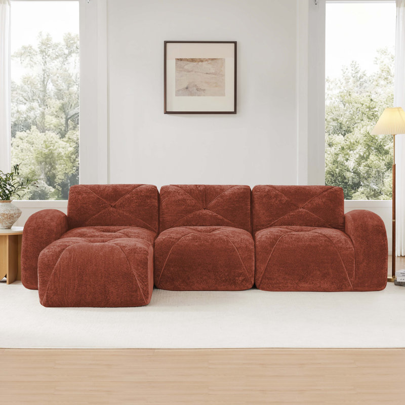 Canapé modulaire rembourré en velours avec repose-pieds amovible Bonella Adella, Velours - rouge-brun