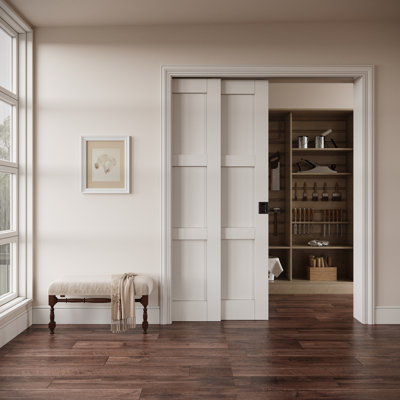 Porte intérieure à 3 panneaux à âme pleine, porte coulissante en MDF certifiée CARB P2, avec cadre renforcé, serrure à galandage noire et quincaillerie incluses, préfinie et imperméable, pour garde-manger, chambre et placard, teinture facile à appliquer soi-même, 91,4 cm x 203,2 cm