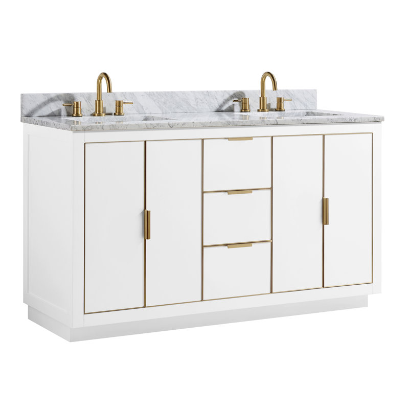 Meuble-lavabo double 61 po Salise, Marbre blanc de Carrare / or, Blanc