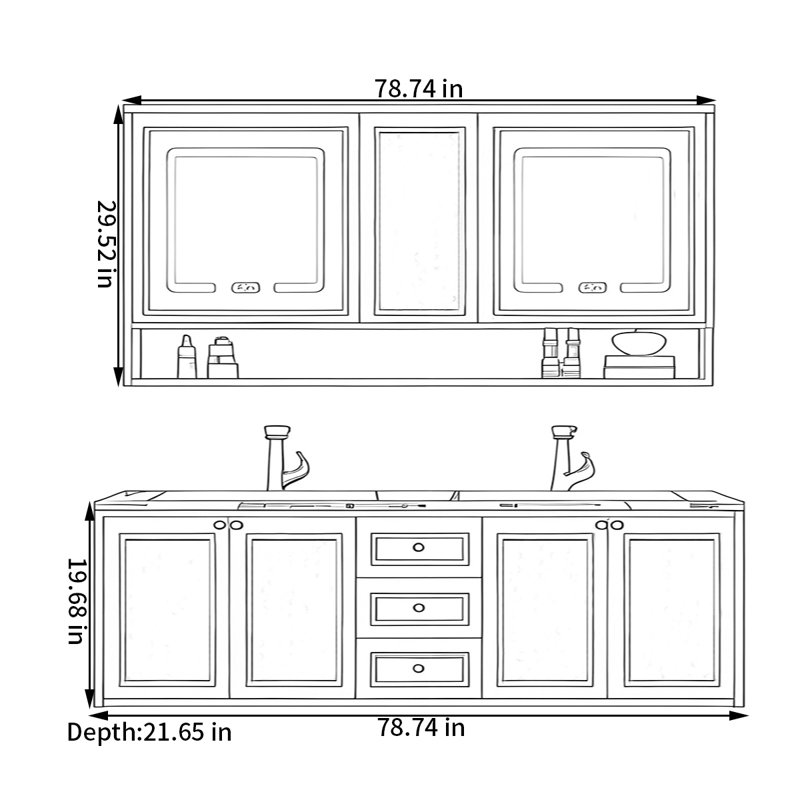 Armoire de salle de bain de style français rétro, H 19,68 po x l 78,74 po x P 21,65 po