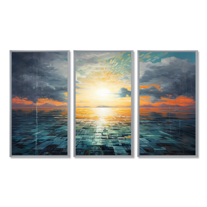 Coriène - ensemble d'art mural coucher de soleil, Encadrement argenté, H 28 po x l 36 po x P 1 po