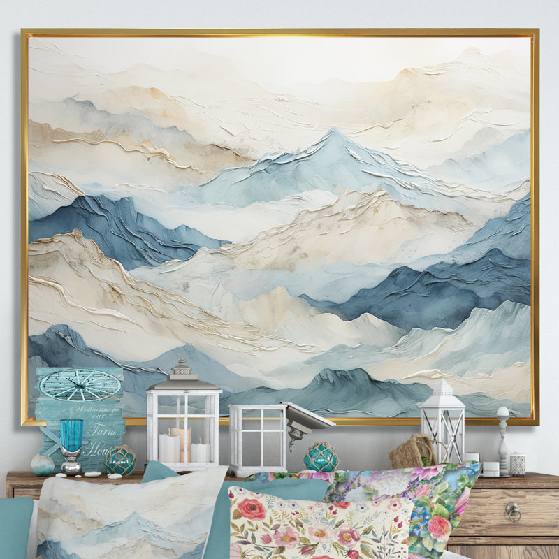 «Minimalisme gris et bleu, brise de montagne - paysage montagneux, reproduction d'art sur toile», Cadre flottant doré