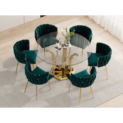 Ensemble de table de salle à manger 47,2 "en verre trempé rond pour 6 personnes, table de cuisine moderne avec base en acier inoxydable doré et 6 chaises rembourrées en velours, ensemble de salle à manger 7 pièces pour appartement, maison - chaise verte