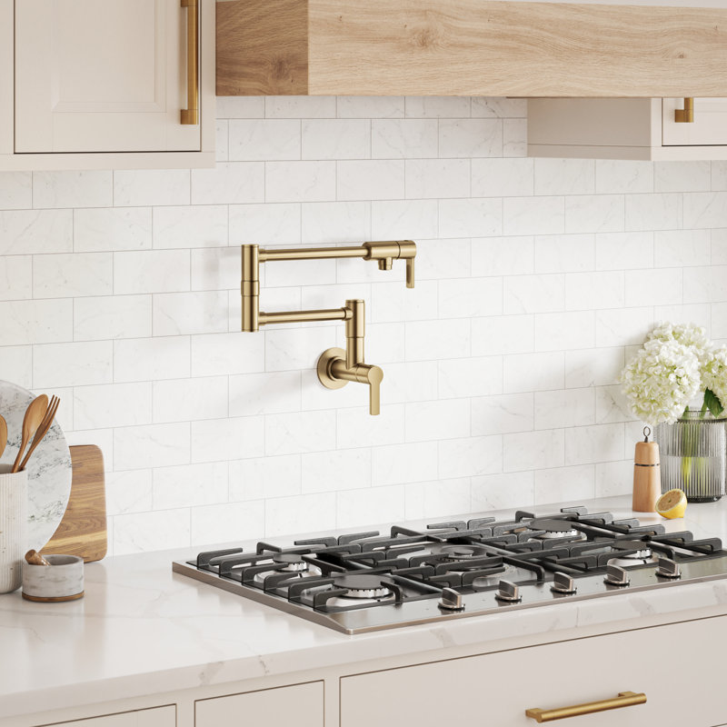 KRAUS Oletto Wall Mount Pot Filler Kitchen Faucet With Retractable Arm In Spot-Free Brushed Brass, Brushed Brass