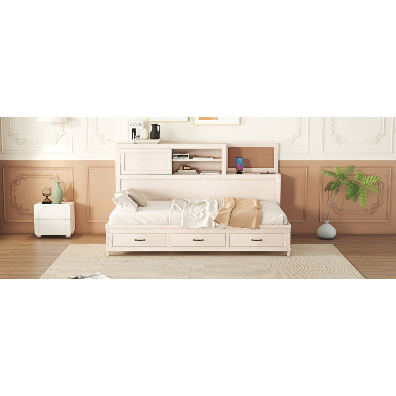 Lit de jour simple en bois blanc avec rangement, connexions et douces tablettes de rangement à 3 tiroirs, plateau, douilles de tablette