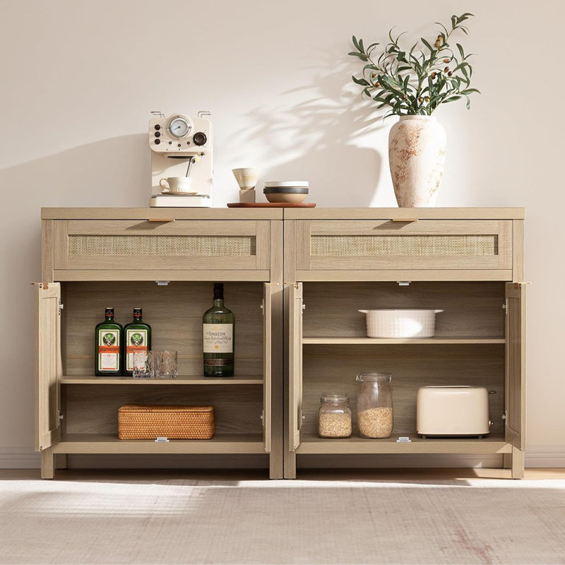 Buffet en rotin (ensemble de 2), console Boho avec portes et tiroir - Naturel