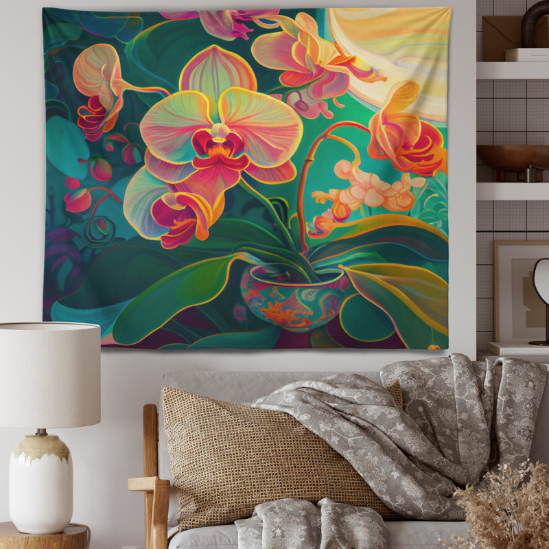 Orchidée en fleurs aux couleurs vives rétro III - Tapisserie murale orchidée florale, H 50 po x l 60 po