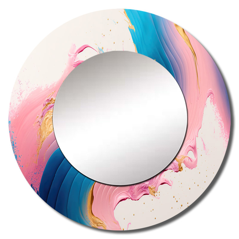Sidhra Pink And Gold Waves - Abstract Spirals Large Mirror, Pink Round Unique Wall Mirror Decor, Printed Metal Art, 29" x 29"