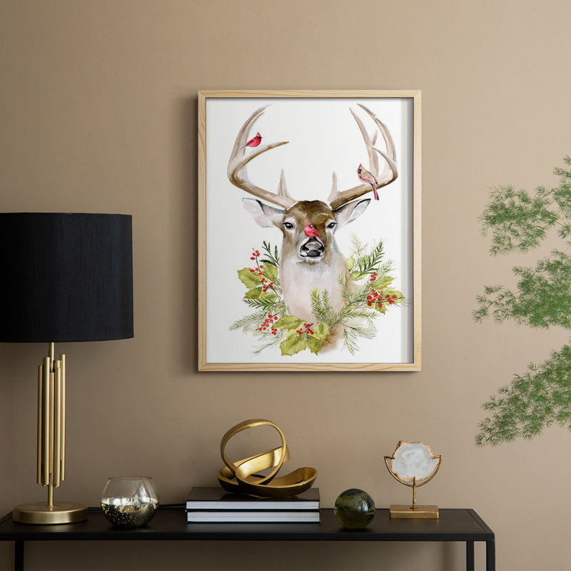 «Holiday Deer Collection B», reproduction encadrée - bois massif, H 30 po x l 24 po, Encadré naturel