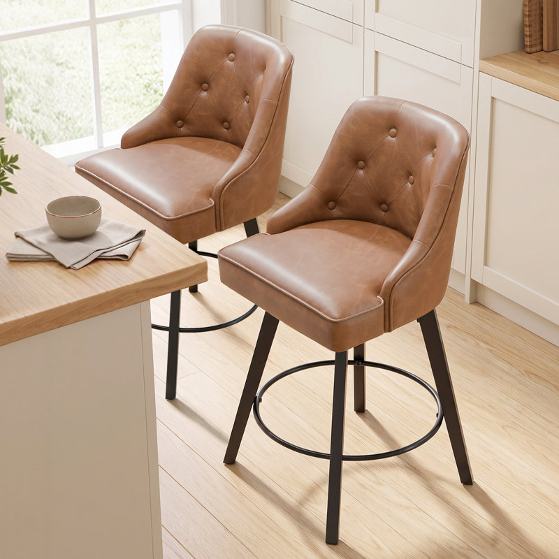 PU Leather Elegant 360° Swivel Bar Stool Stylish Design With Plush Cushion & Sturdy Build, Brown, 2