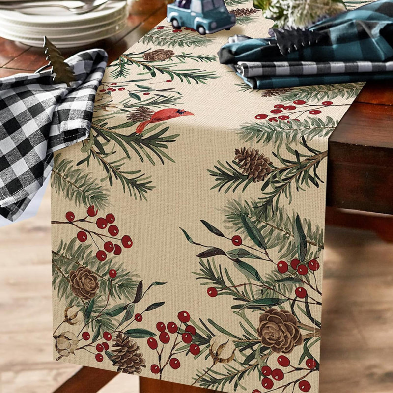 Winter Pine Needle Branches Table Runner, Pine Cone Cardinal Red Birds Berry Farmhouse Kitchen Dining Table Decor, Christmas Holiday Home Decoration Indoor Outdoor Party Supply