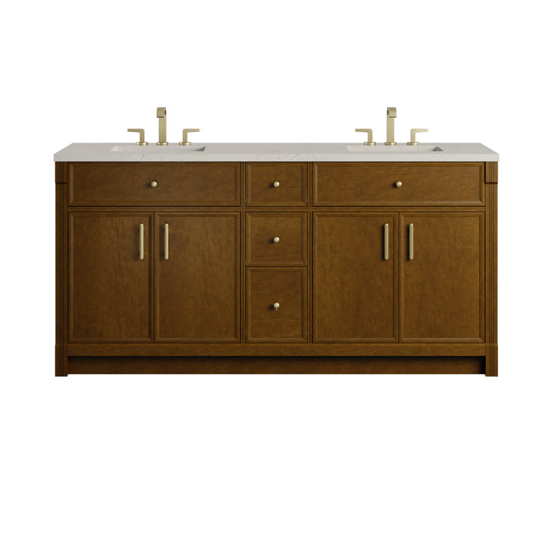Bellshire 72" W Double Vanity w/FreePower Wireless Charger, Honey Oak, Siberian Silestone