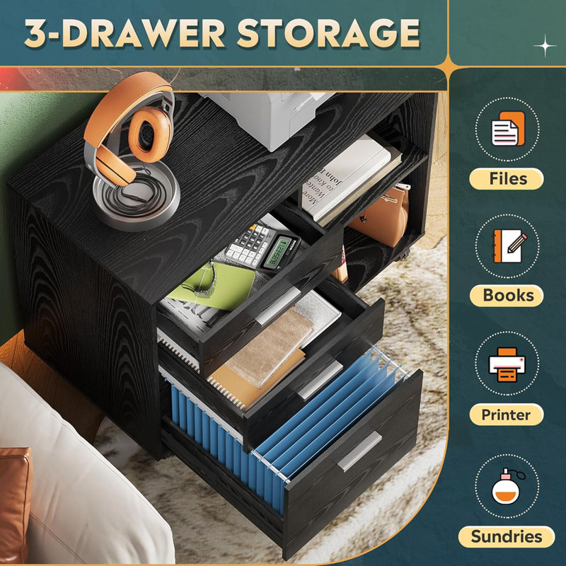Black 3-Drawer Mobile File Cabinet - Wood Lateral Filing Cabinet With Open Shelves, Printer Stand For Home Office